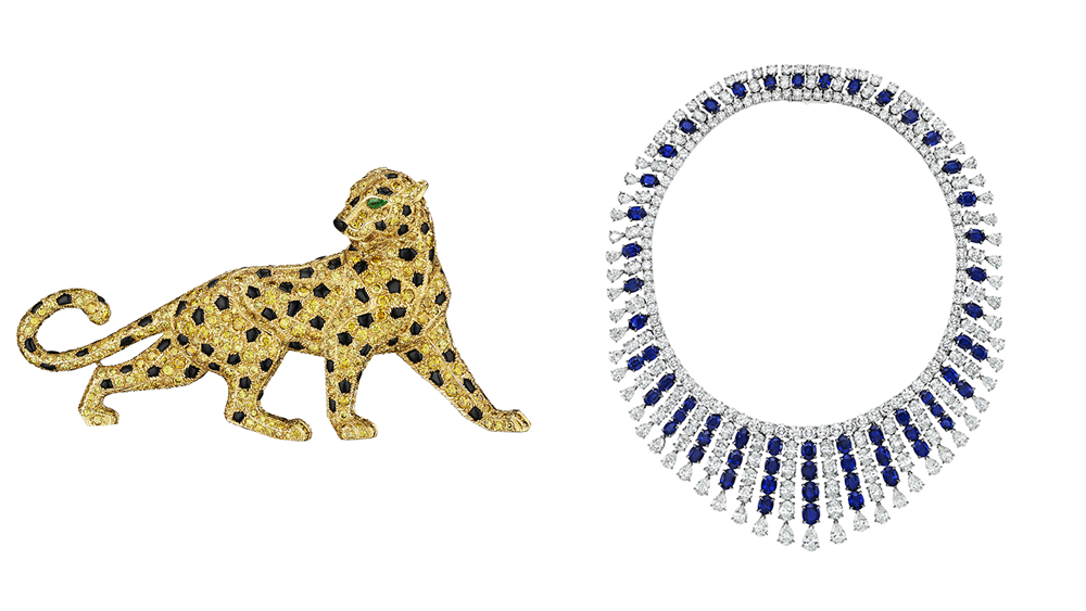 ‘Panthère de Cartier’ onyx and emerald brooch; Van Cleef & Arpels sapphire and diamond 'Waterfall' necklace