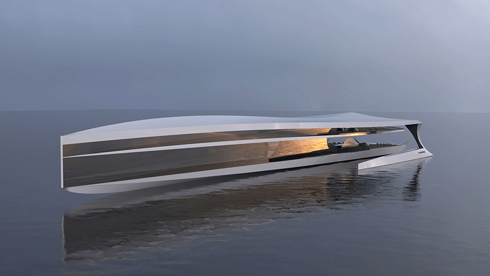 This Bonkers 427-Foot Trimaran Concept Has a Silhouette Inspired by a Bird Floating on Water