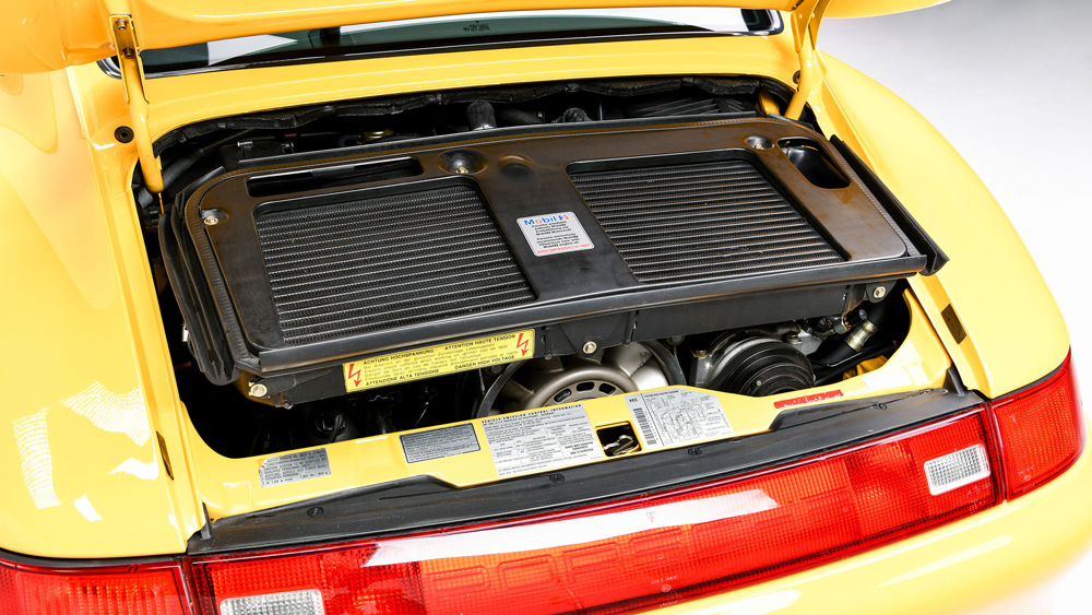 The air-cooled, 3.6-liter twin-turbo six-cylinder engine inside a 1996 Porsche 911 Turbo.