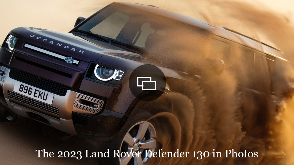 A 2023 Land Rover Defender 130 tackles the dunes of Dubai.