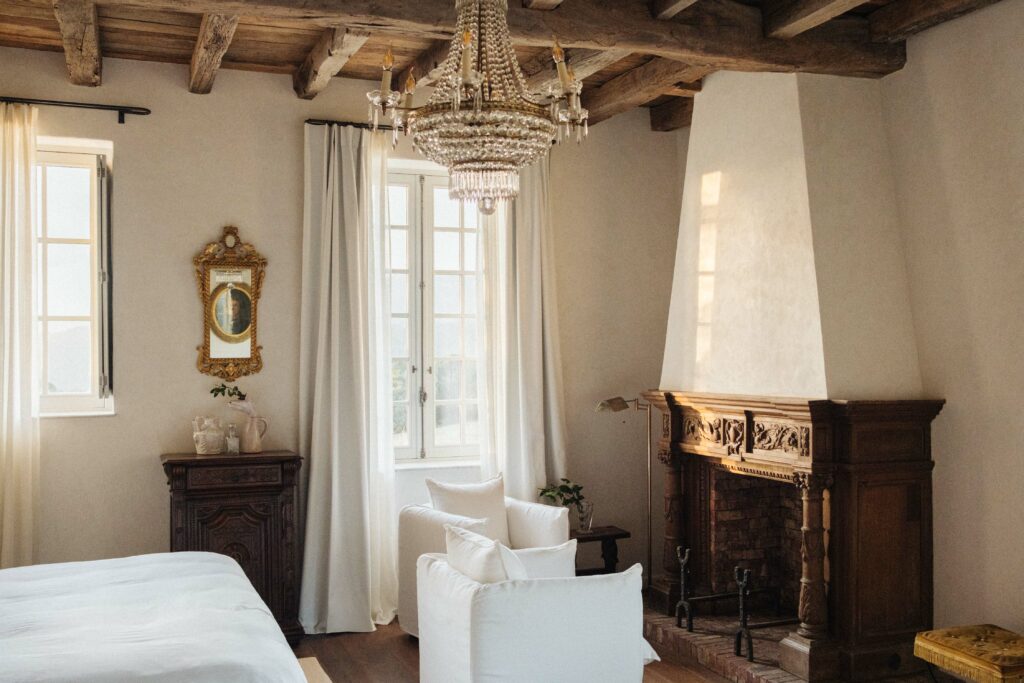 Fireplace within a suite at Domaine Le Mouflon d’Or